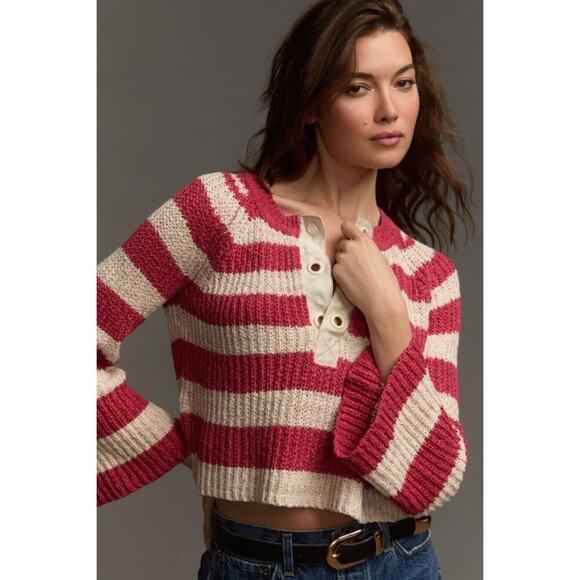 Pilcro Womens Sz Large Bell Sleeve Henley Sweater Red Beige Stripes Cropped NEW - Picture 1 of 9